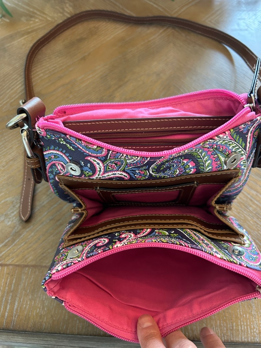 Chaps Brown Strap Paisley Crossbody with Pink, Blue & Green Accents - Picture 7 of 9